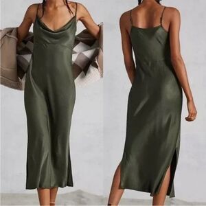 90s Minimalist Anthropologie Elyse Cowl Neck Slip Dress Moss XL